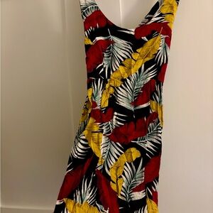 Sleeveless Black Tropical Print Dress with Red & Yellow Leaves